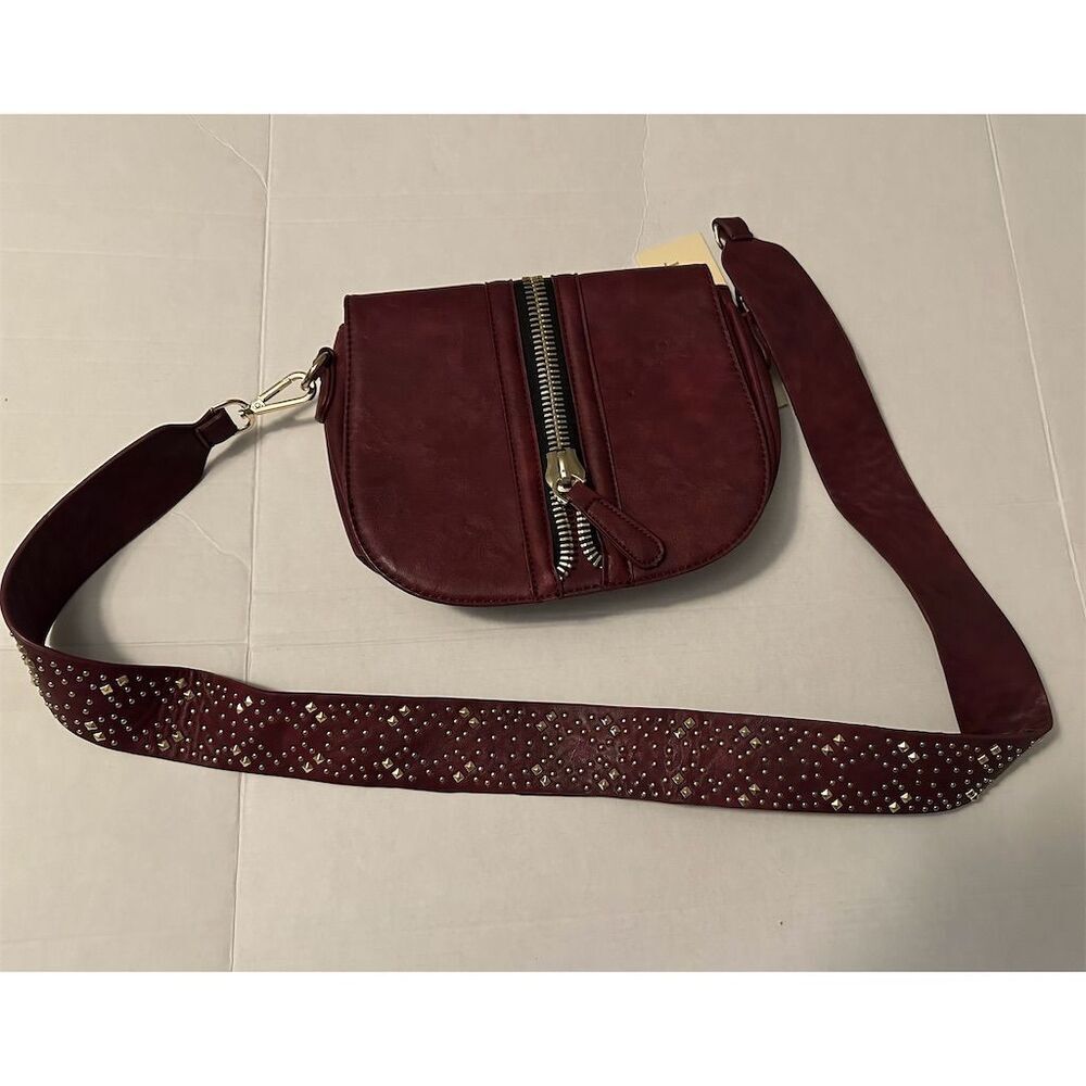 Madison West Burgundy Crossbody Shoulder Bag Studded Strap Women's